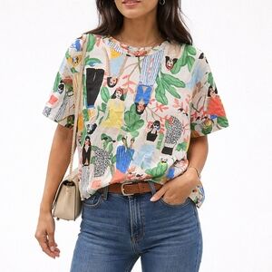 Zara 100% Cotton Artistic Print Boxy Fit Short Sleeve Top | Unique Graphic Tee